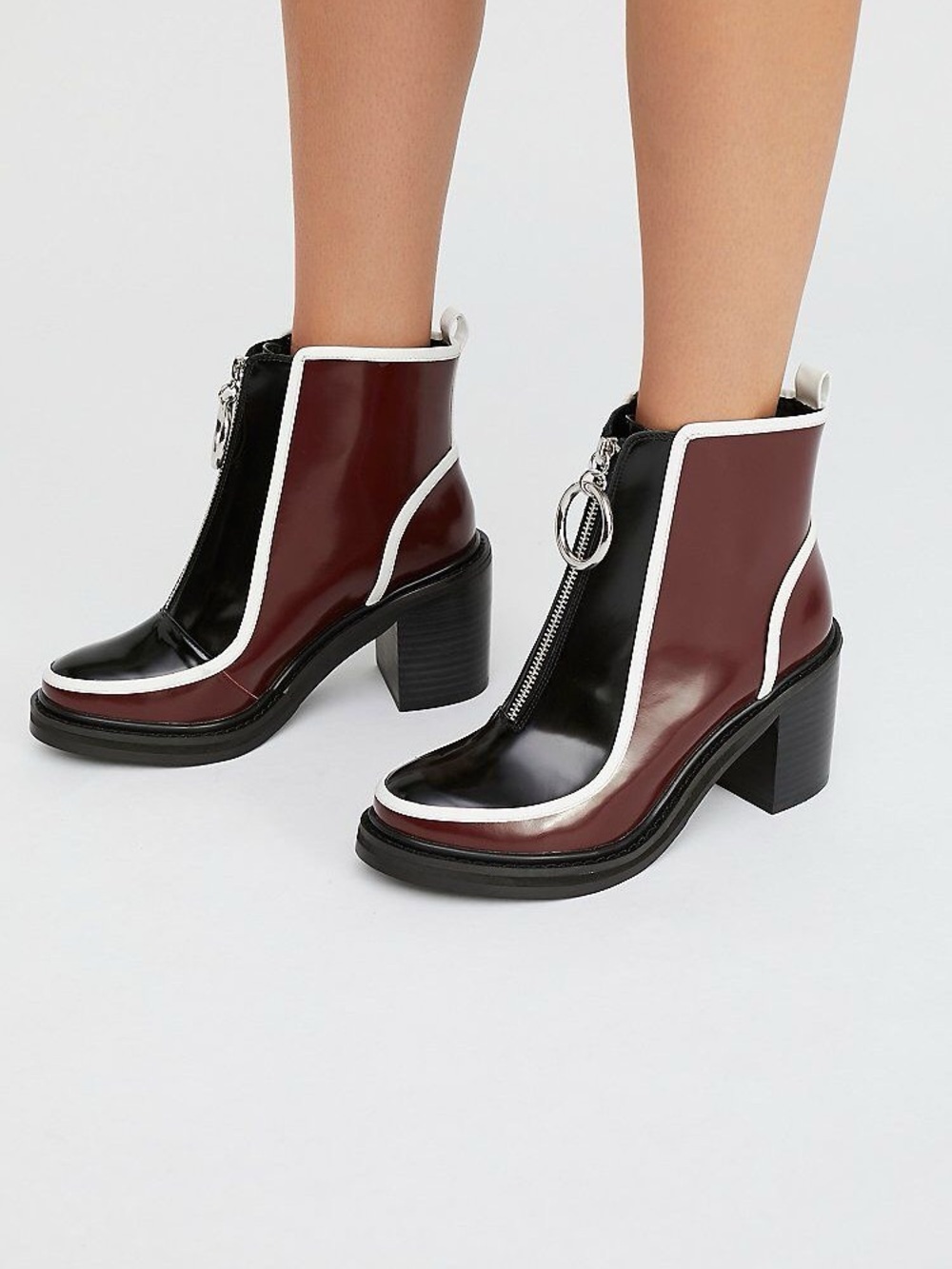 Shellys London Black and Burgundy Patent Ankle Zip Heel Boots 6.5